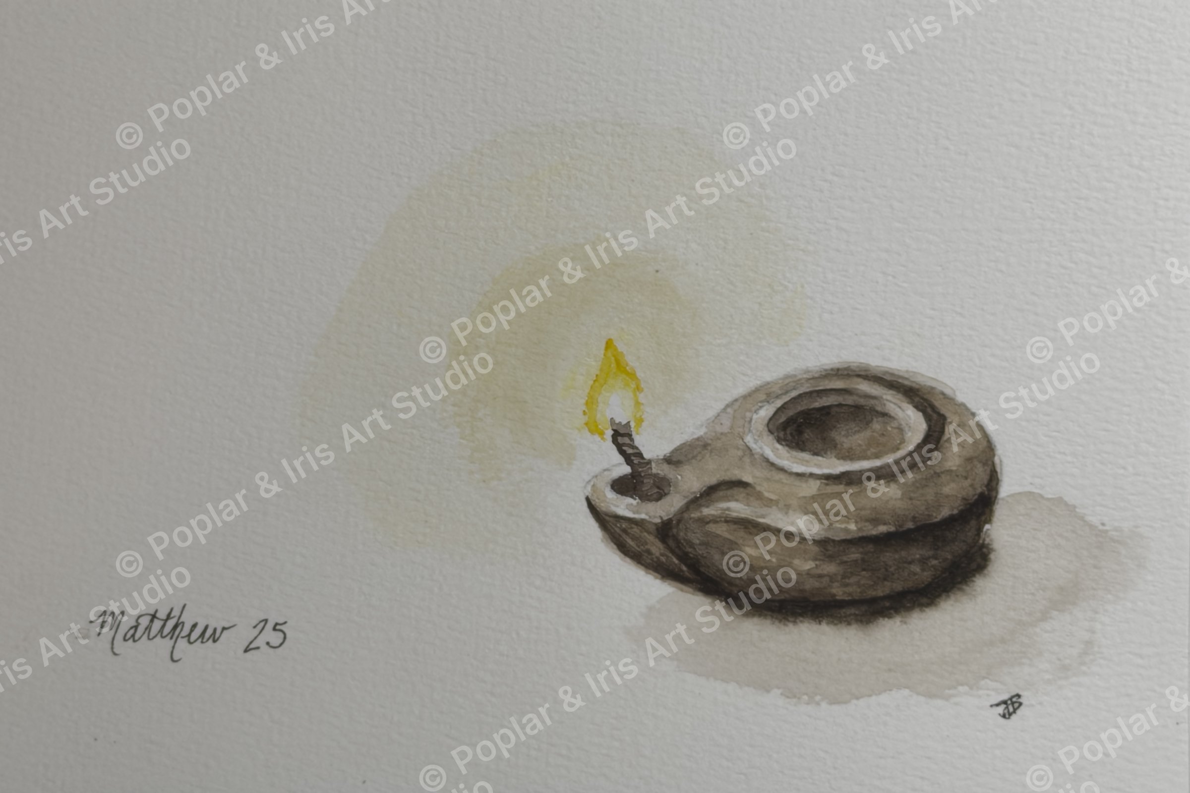 Watercolor of a single lit oil lamp