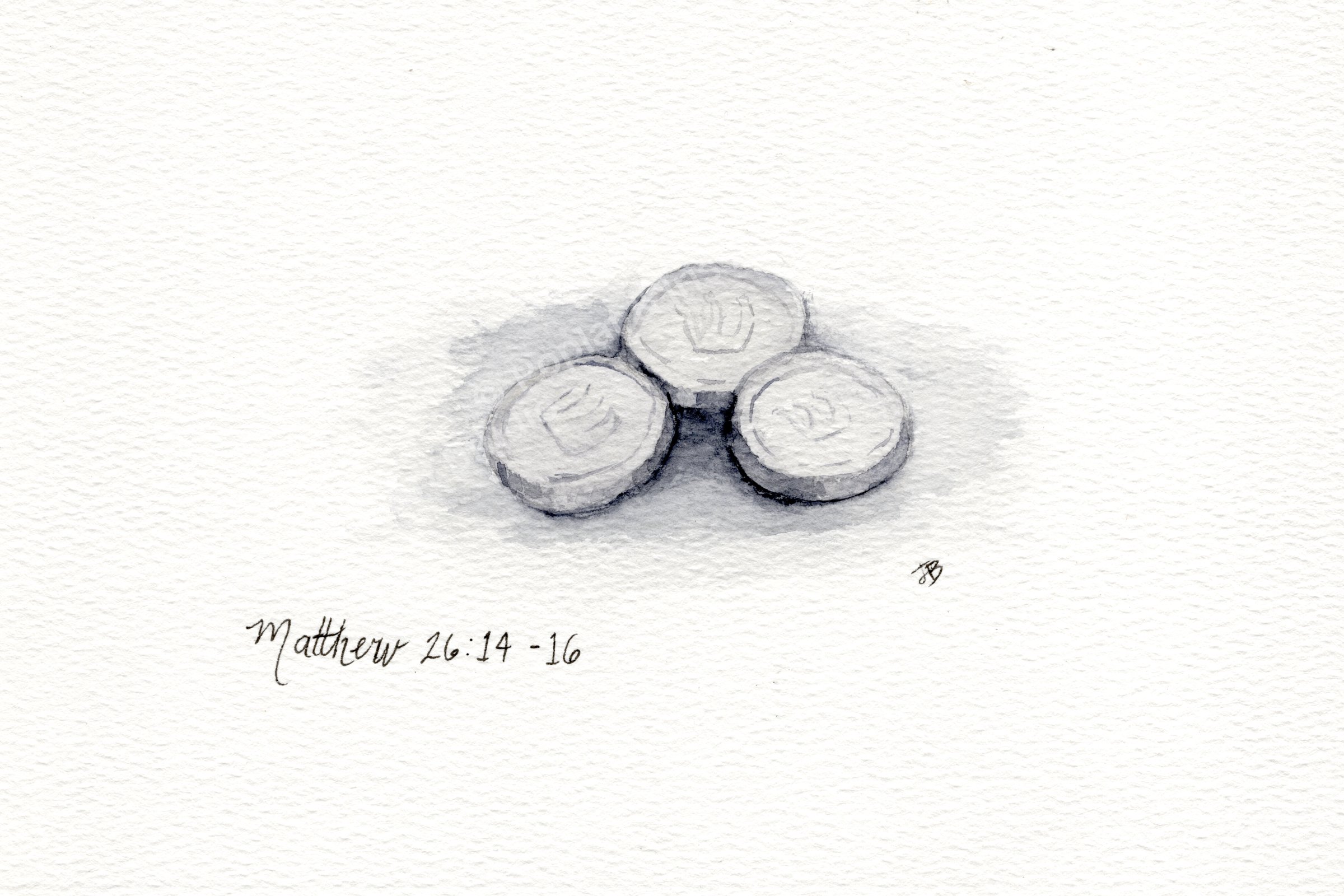 Watercolor of silver coins on a wooden surface