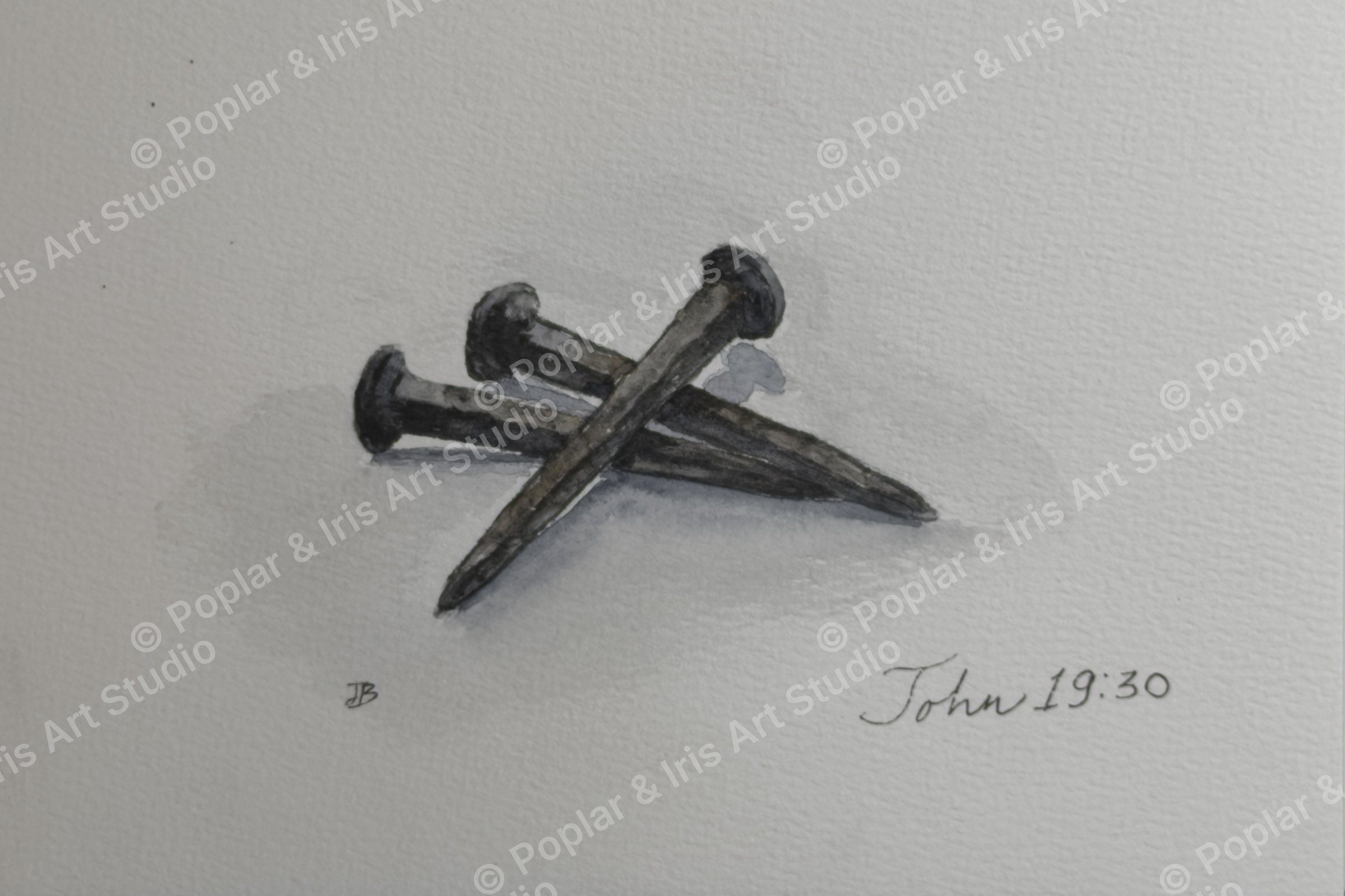 Watercolor of three iron nails resting on weathered wood