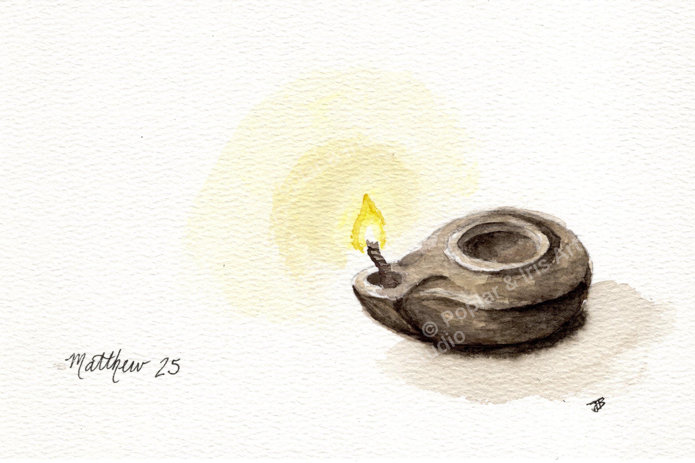 Watercolor of a single lit oil lamp