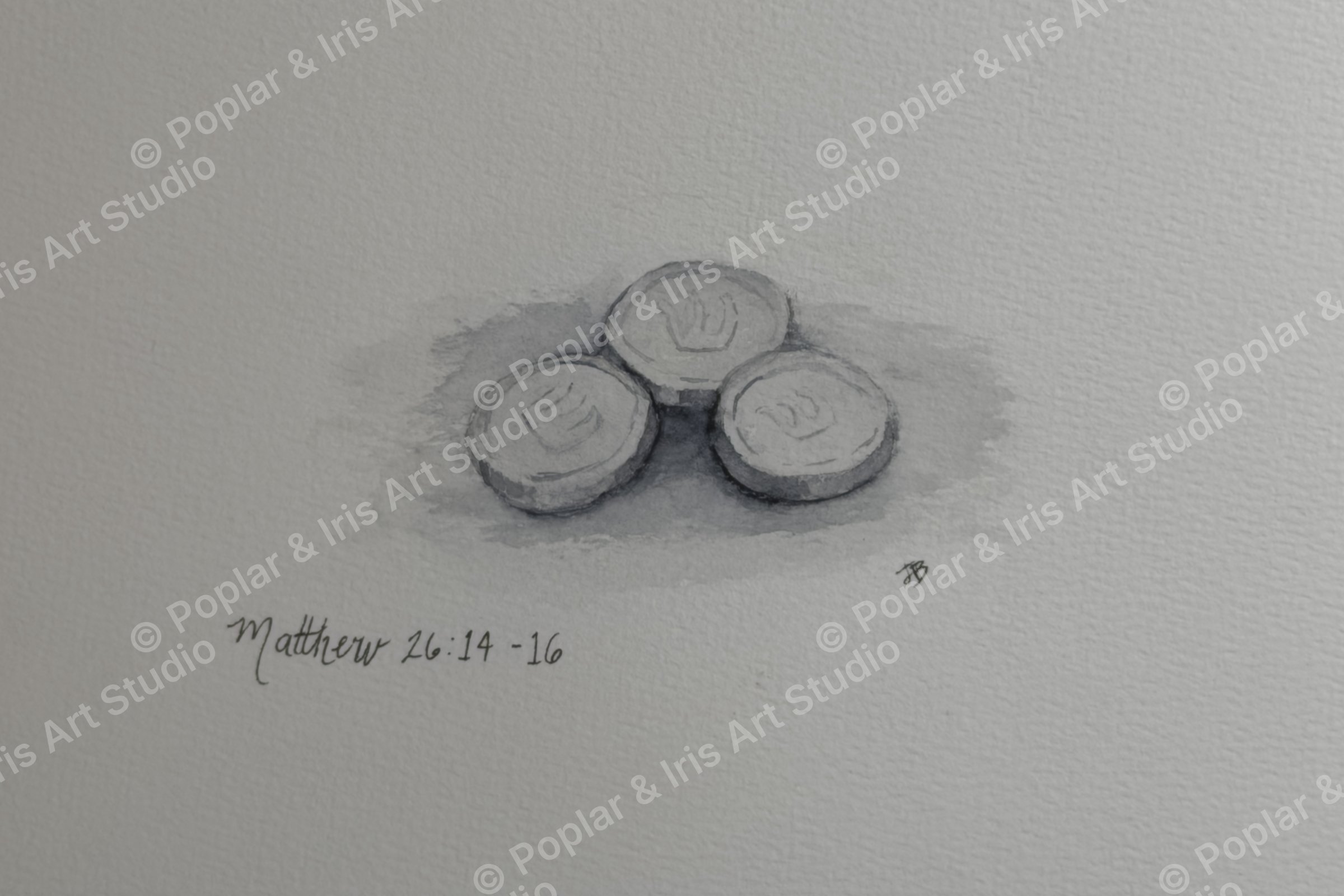 Watercolor of silver coins on a wooden surface
