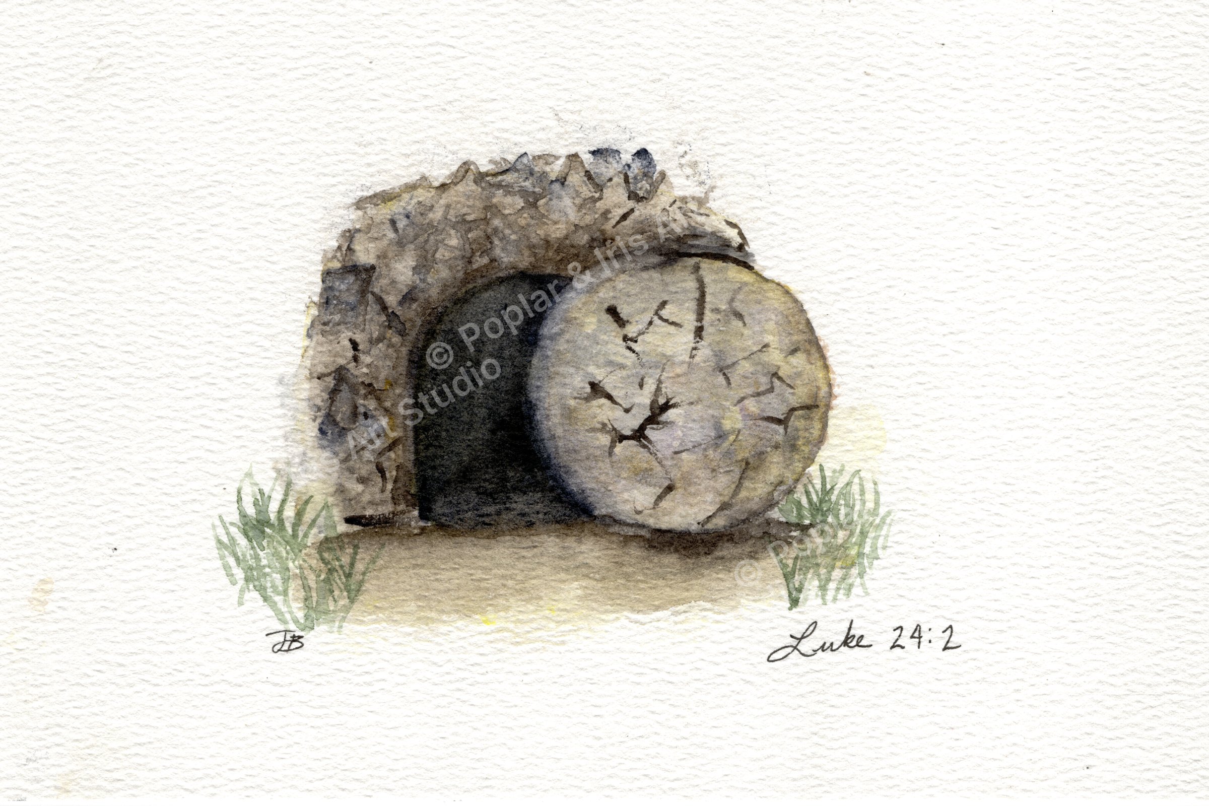 Watercolor of an open tomb with the stone rolled away