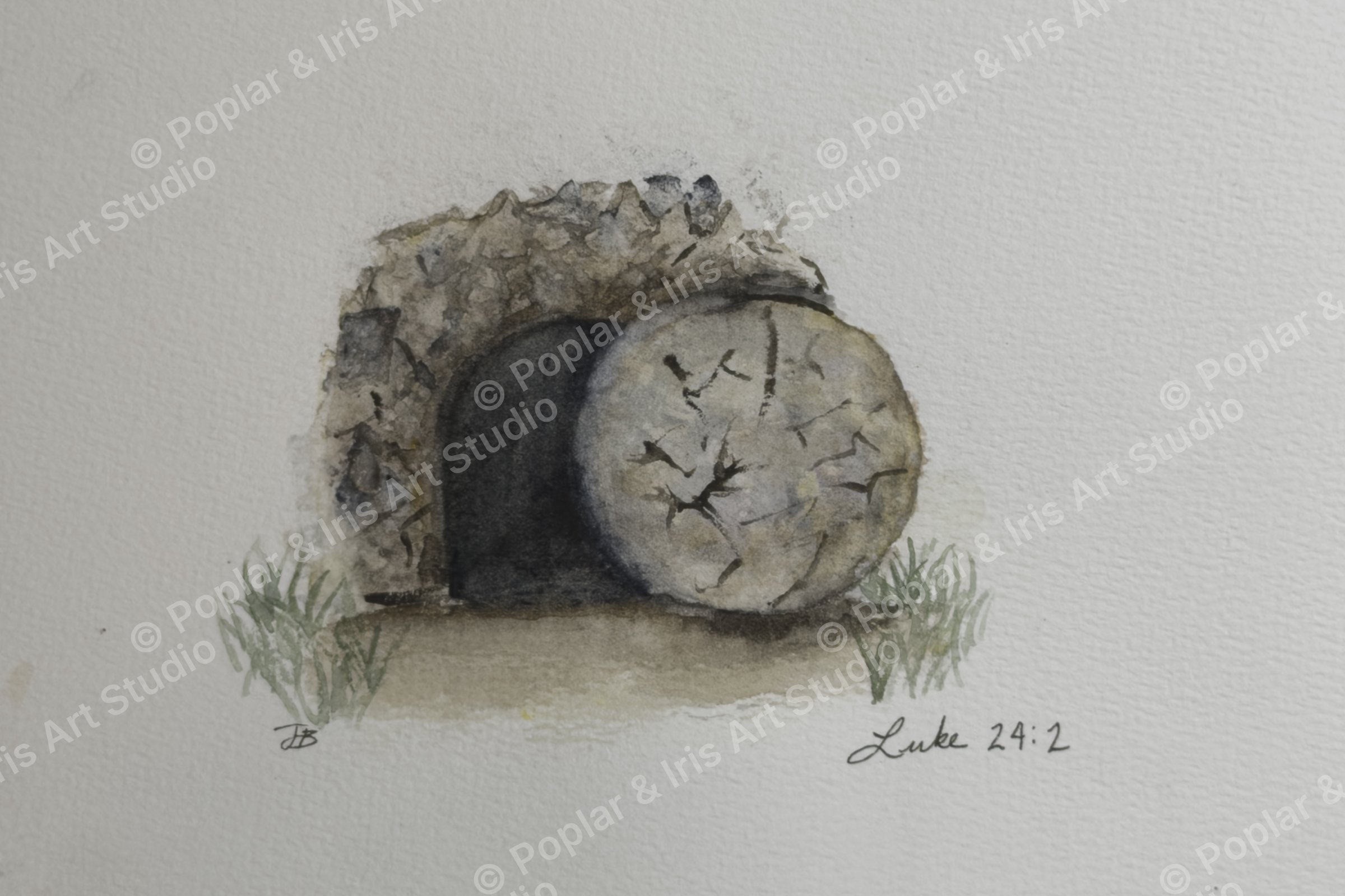 Watercolor of an open tomb with the stone rolled away