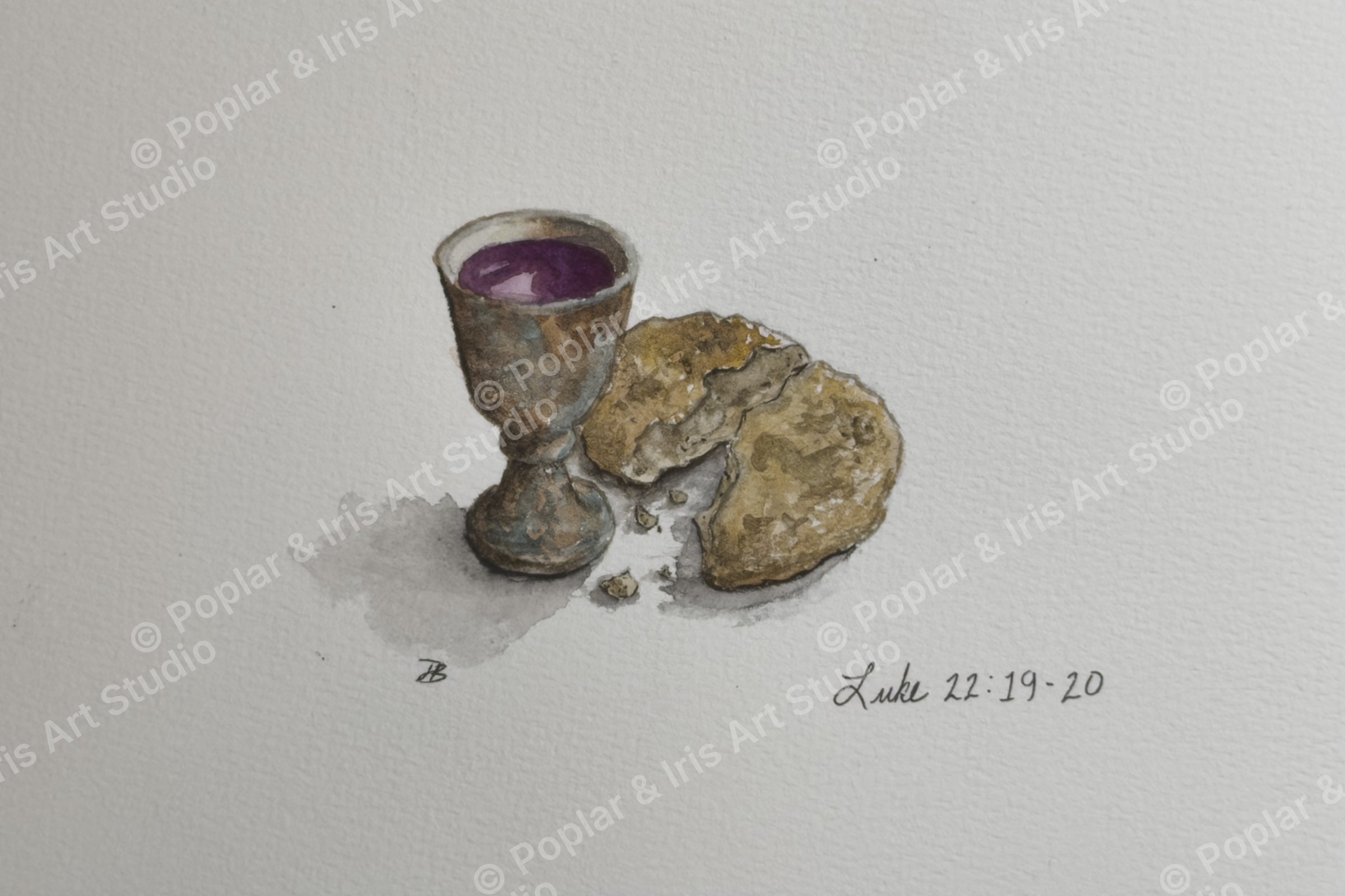 Watercolor of bread and cup on linen — Luke 22