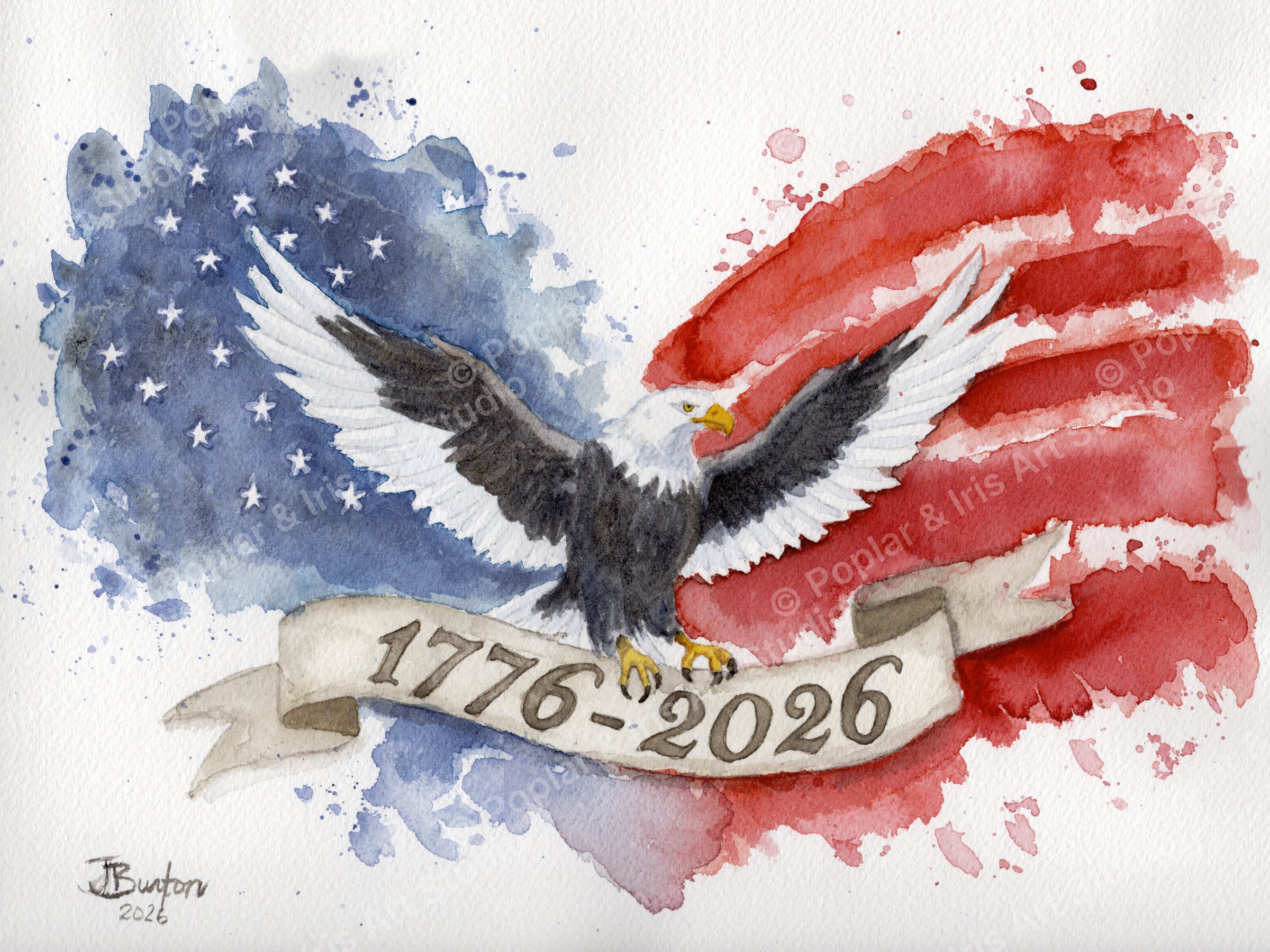 The Spirit of Freedom - bald eagle on heart shaped American flag background - 1776-2026