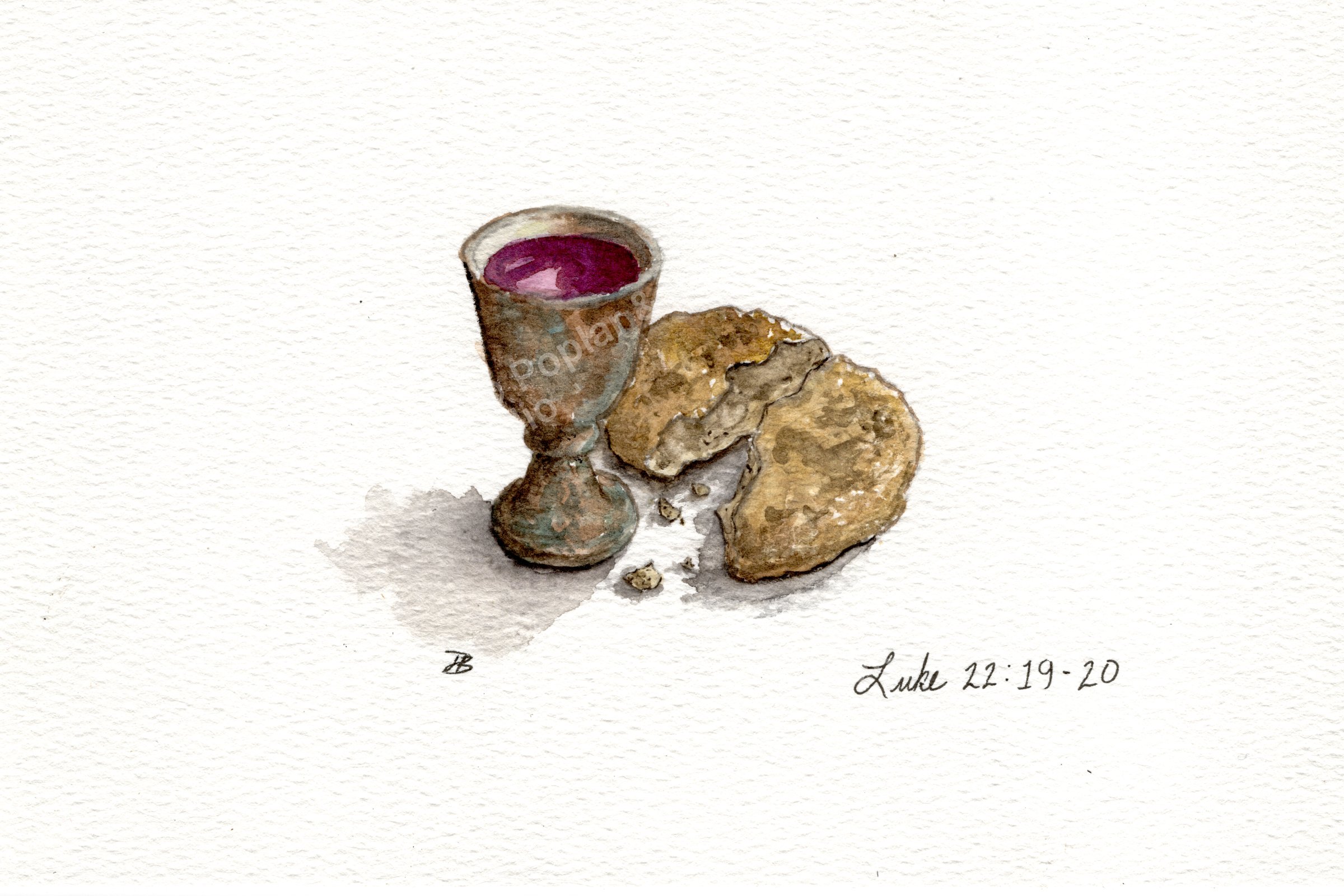 Watercolor of bread and cup on linen — Luke 22