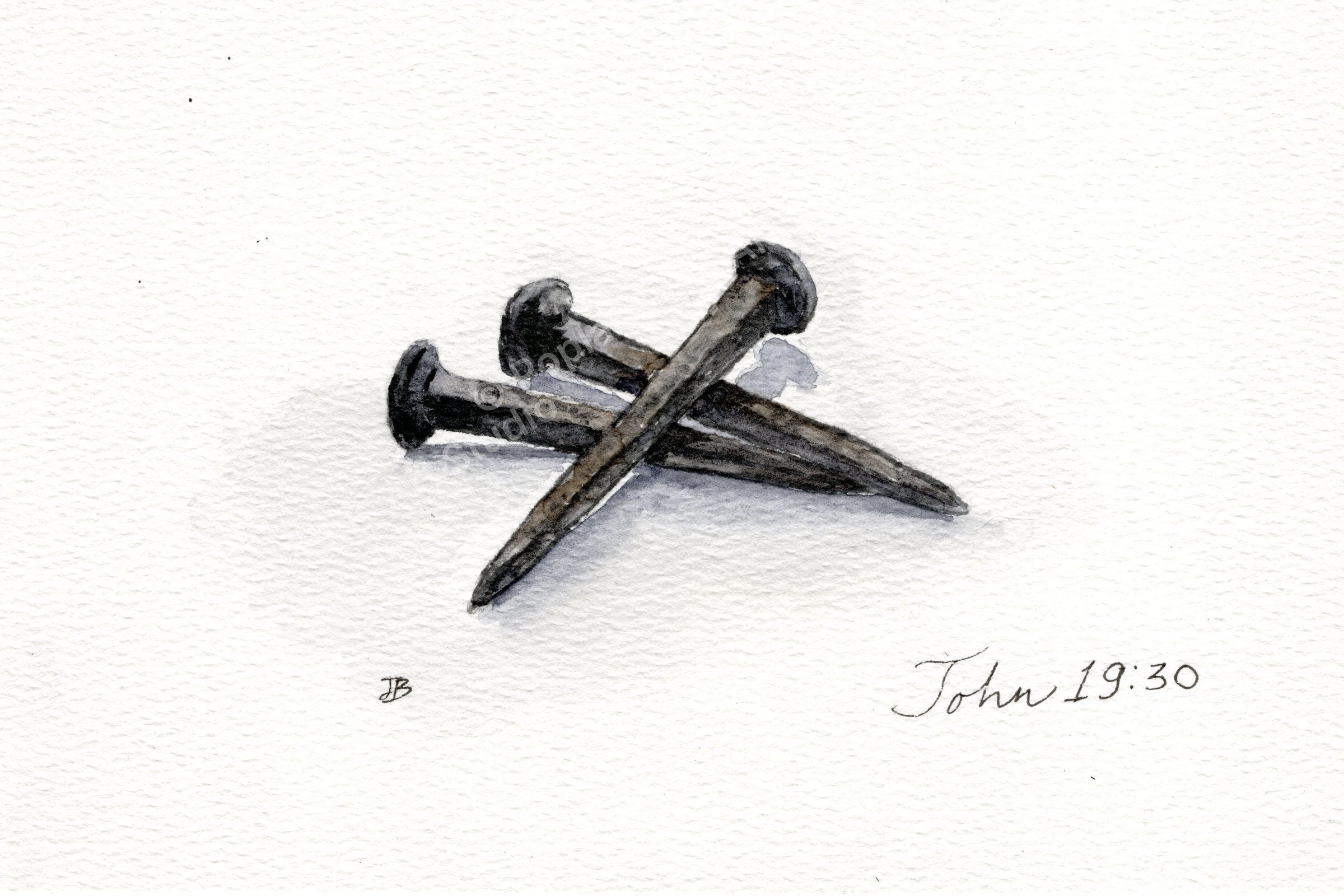 Watercolor of three iron nails resting on weathered wood